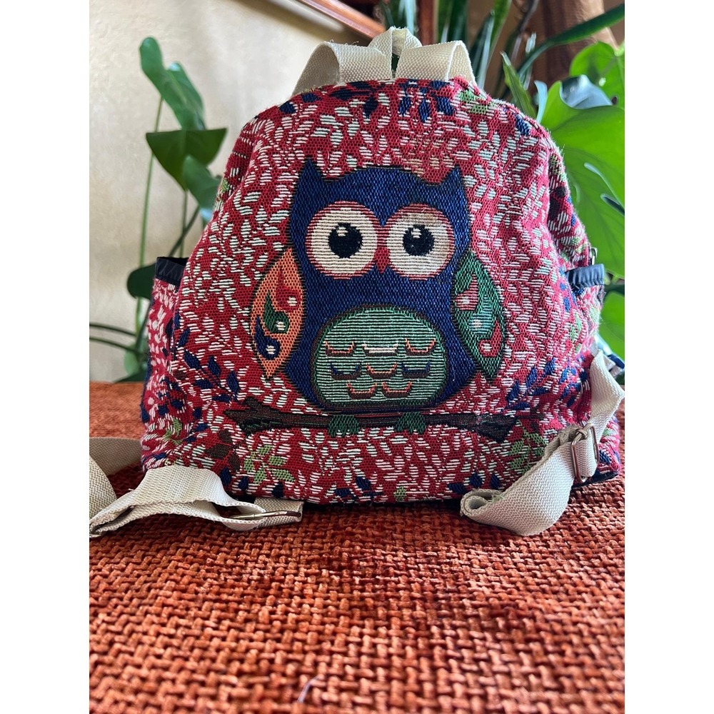 Vintage Whimsy Owl Tapestry Mini Backpack Red Floral Boho Woven Small Rucksack - Picture 13 of 13